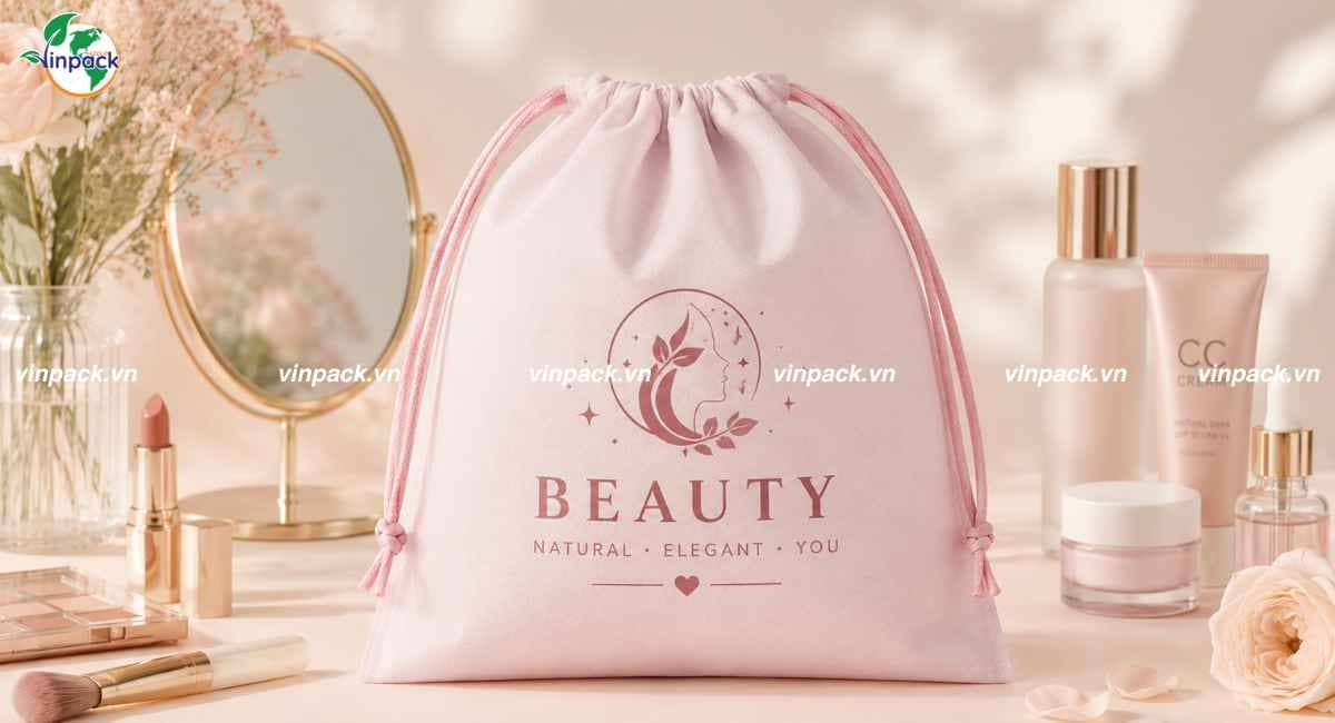 Mẫu túi vải không dệt dây rút đựng mỹ phẩm