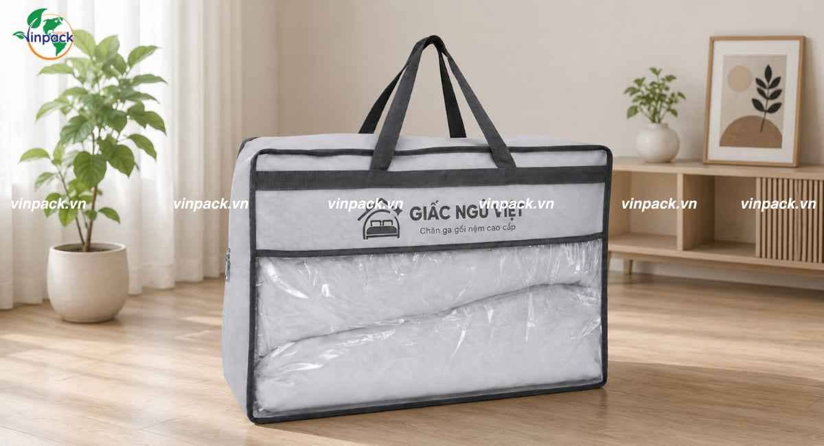 Mẫu túi vải không dệt đựng chăn màn drap gối nệm in logo thương hiệu sắc nét tăng nhận diện