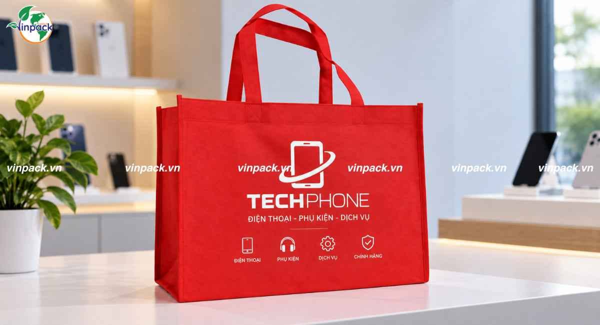 Mẫu túi vải không dệt đựng điện thoại màu đỏ tăng nhận diện thương hiệu
