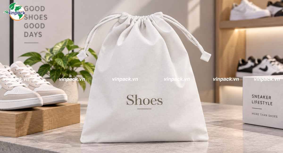 Mẫu túi vải không dệt đựng giày dây rút mẫu trắng sang trọng