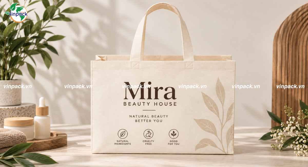 Mẫu túi vải không dệt đựng mỹ phẩm in logo thương hiệu mỹ phẩm theo yêu cầu