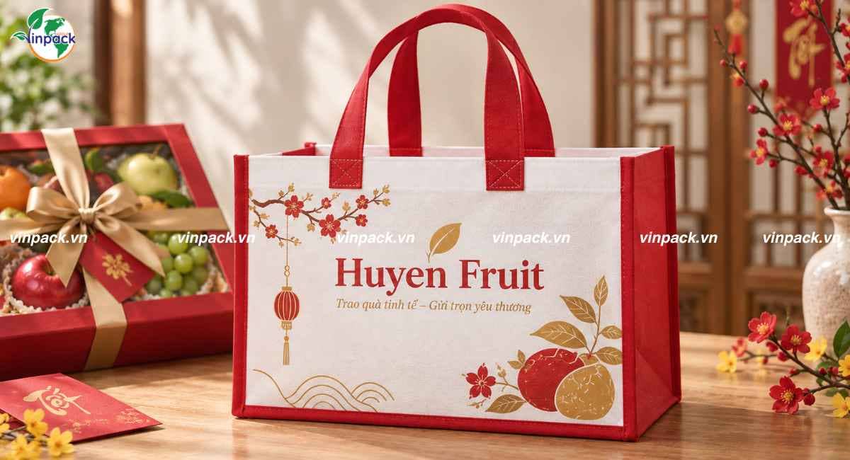 Mẫu túi vải không dệt đựng trái cây quà tặng dạng hộp cái quai xách