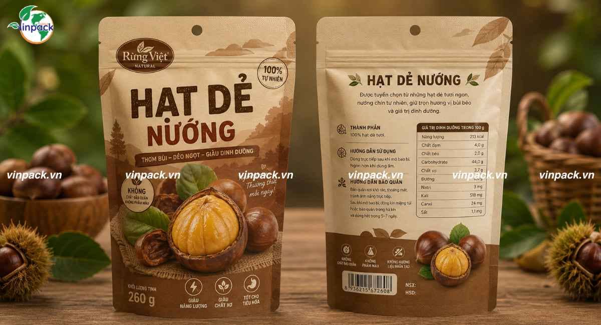 Mẫu bao bì túi zipper đáy đứng đựng hạt dẻ in trục đồng 2 mặt trước sau