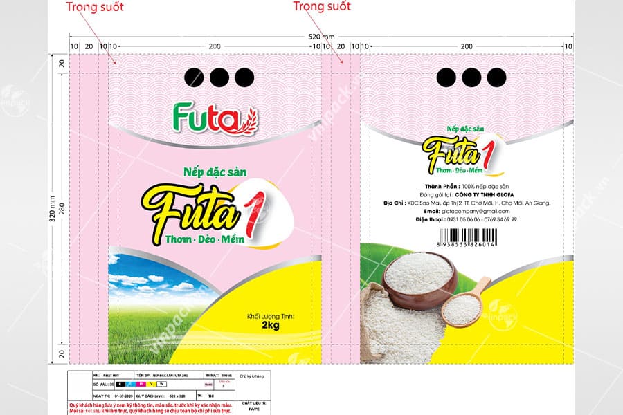 Bố cục thiết kế hai mặt của một mẫu bao bì gạo
