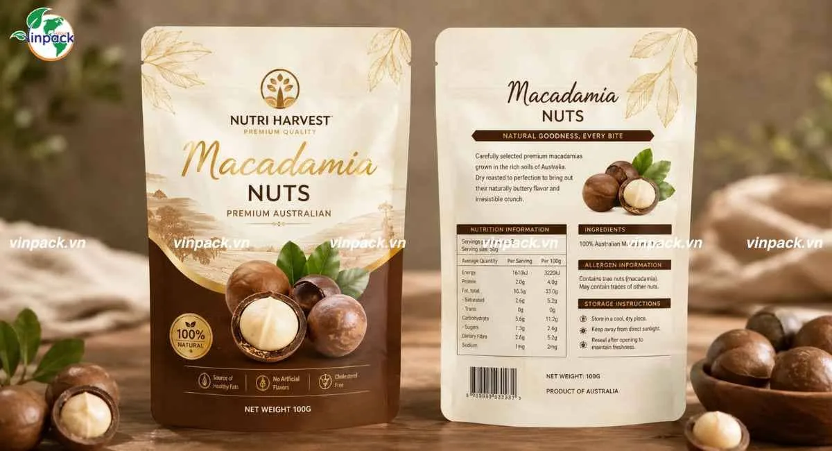 Mẫu bao bì hạt macca 100g túi zipper đáy đứng in 2 mặt trước sau