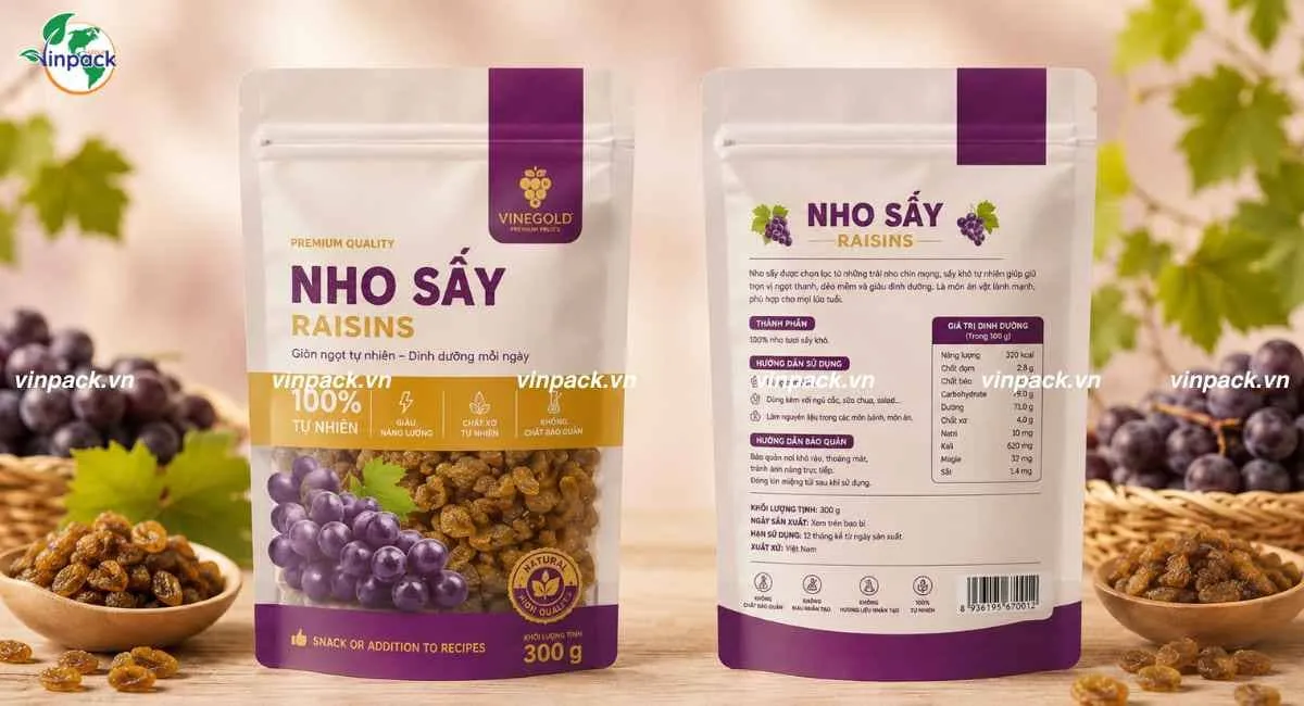 Mẫu bao bì nho sấy 300g in trục đồng túi zipper đáy đứng