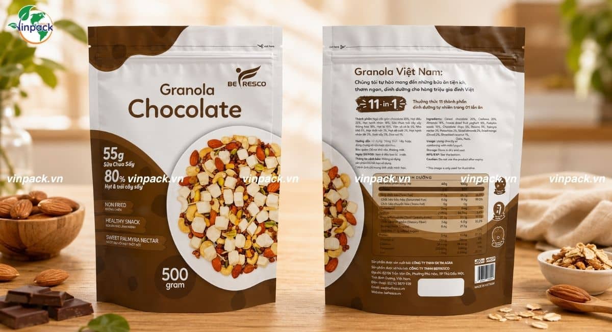 Thành phẩm túi zipper đáy đứng đựng granola vị Chocolate