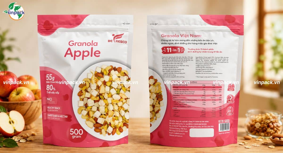 Thành phẩm túi zipper đáy đứng đựng Granola vị táo