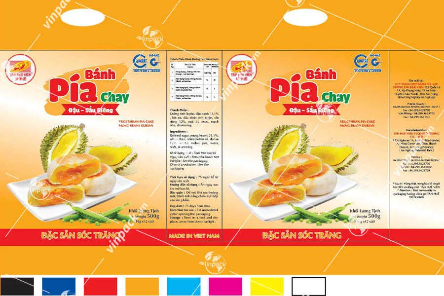 Thiết kế bao bì bánh Pía, in 8 màu với đầy đủ các thông tin sản phẩm và doanh nghiệp