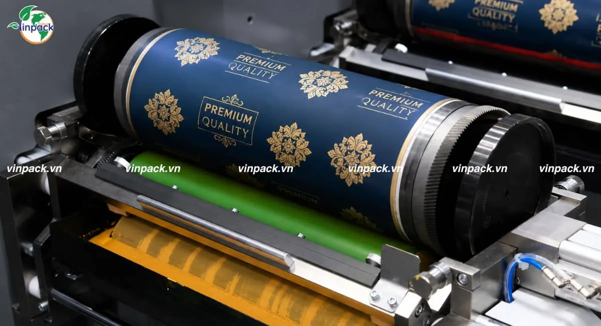 Trục in flexo in họa tiết vàng lên màng xanh navy