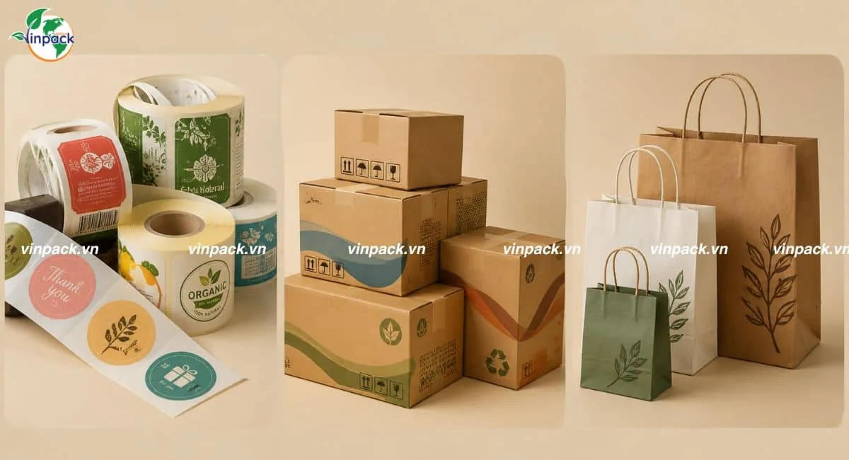 Tem nhãn cuộn, thùng carton và túi giấy kraft in flexo
