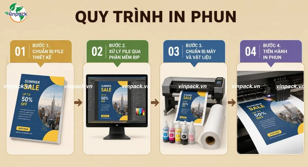 Quy trình 4 bước: chuẩn bị file, xử lý RIP, chuẩn bị máy và vật liệu, tiến hành in