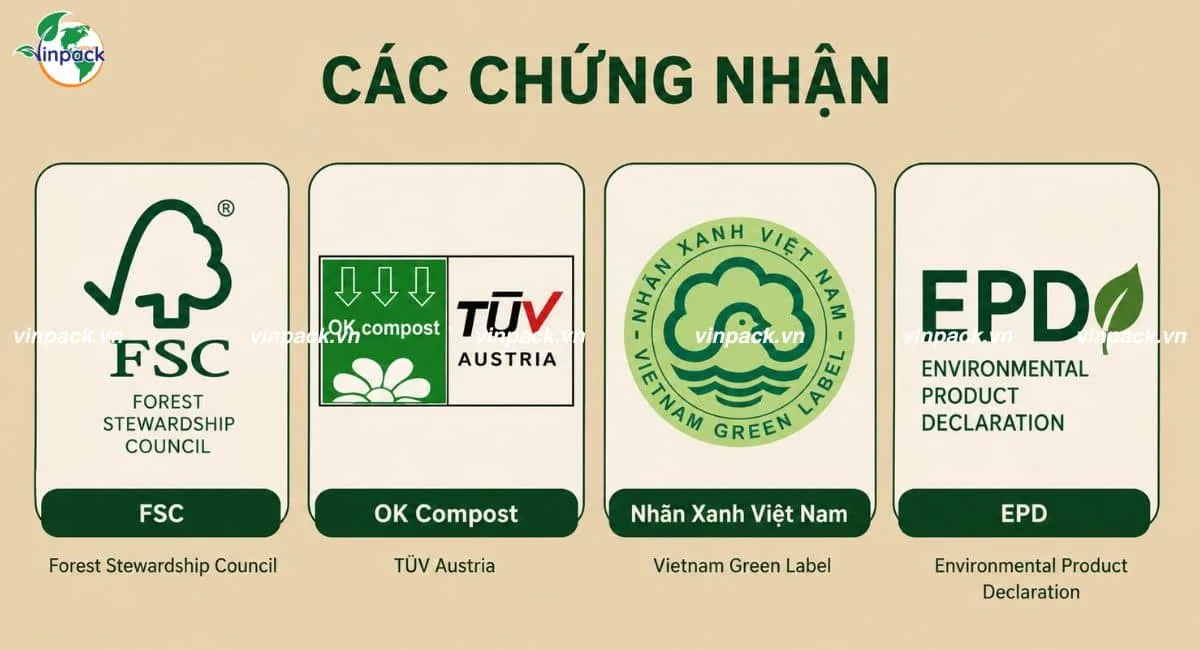 Logo các chứng nhận FSC, OK Compost TÜV Austria, Nhãn Xanh Việt Nam và EPD