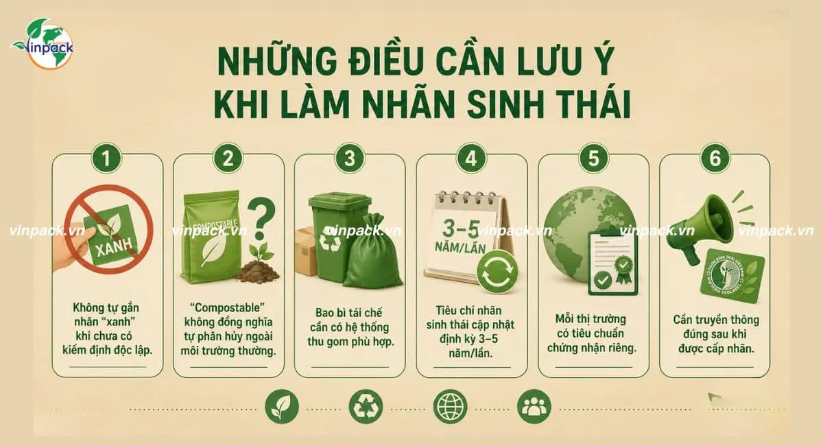 6 lưu ý: không tự gắn nhãn xanh, compostable, thu gom tái chế, cập nhật tiêu chí, từng thị trường, truyền thông