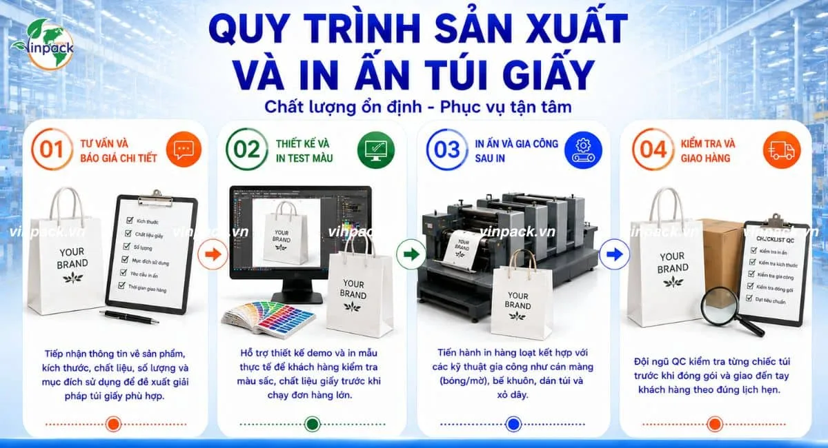 Quy trình 4 bước sản xuất in ấn túi giấy tại Vinpack