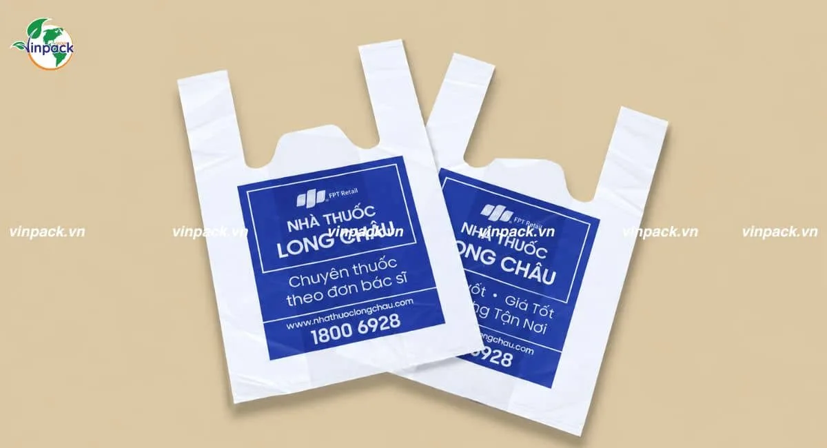 Mẫu in túi nilon theo yêu cầu 2 quai nhà thuốc Long Châu