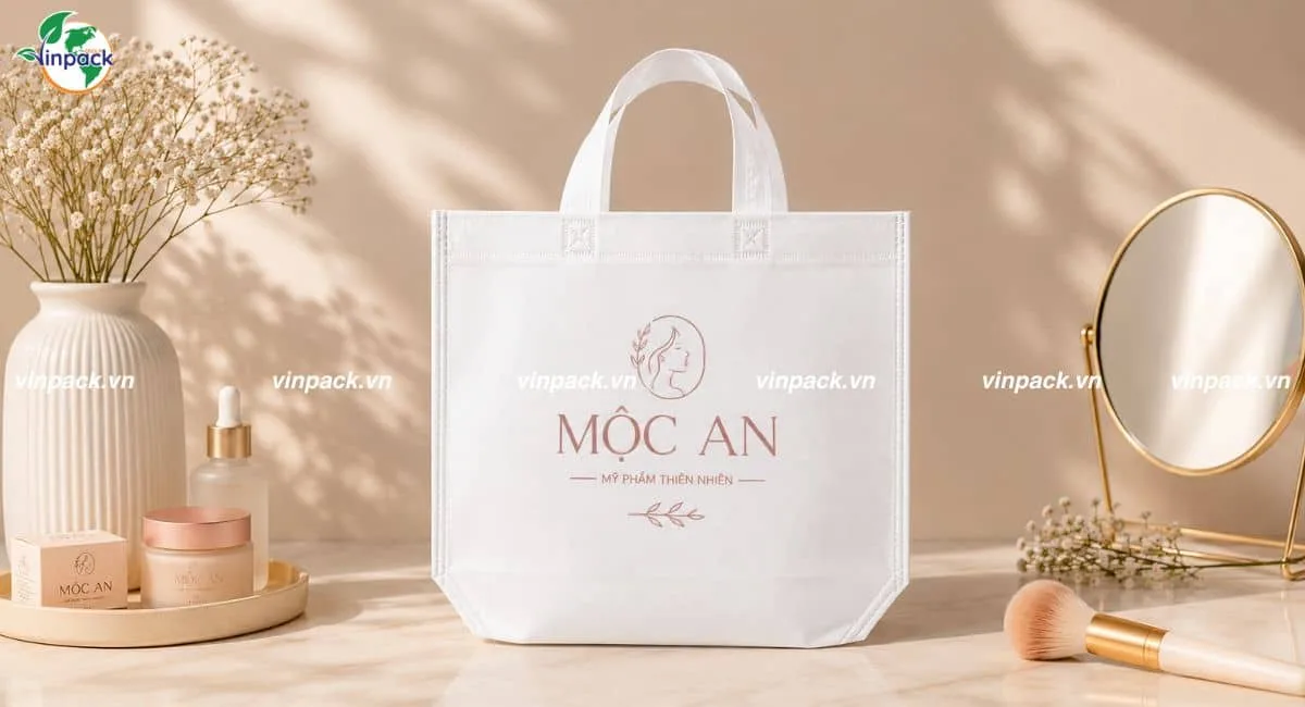 Túi vải không dệt chặt đáy cho shop mỹ phẩm