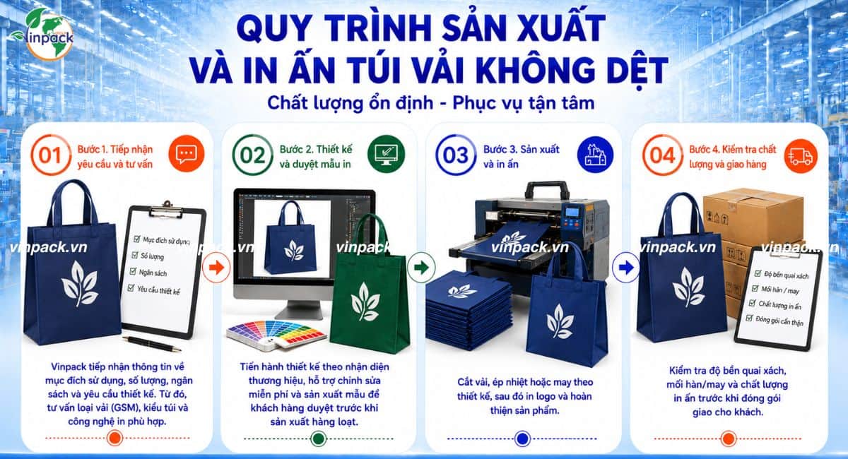 Quy trình sản xuất in ấn túi vải không dệt tại Vinpack