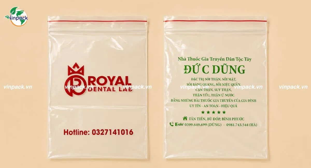 Mẫu túi zipper chỉ đỏ in logo nhà thuốc phòng khám