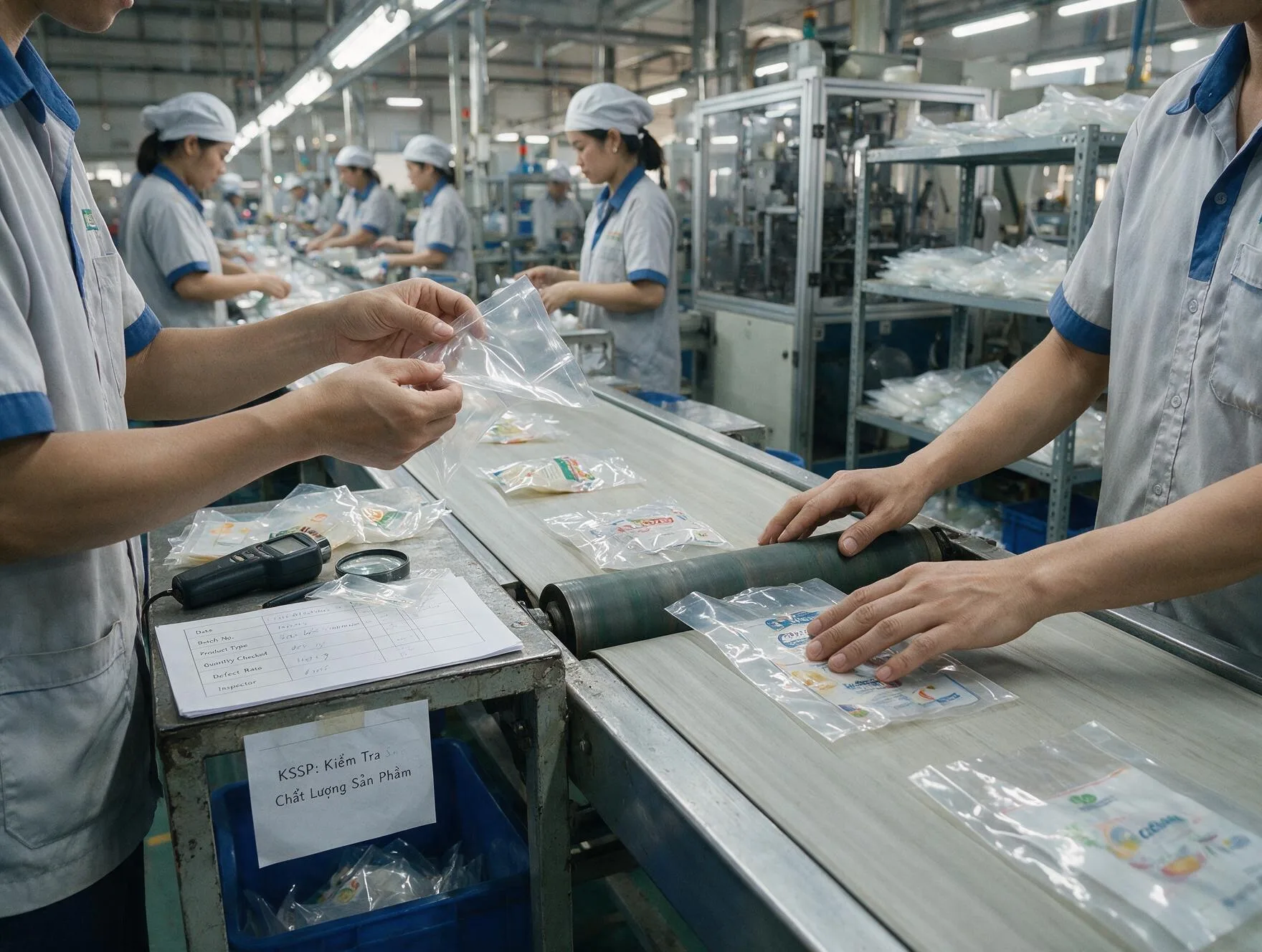 Kiểm tra chất lượng bao bì trên dây chuyền sản xuất — minh hoạ