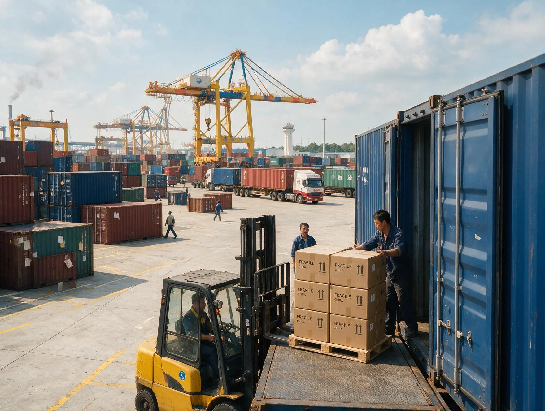 Container xuất khẩu bao bì tại cảng — minh hoạ