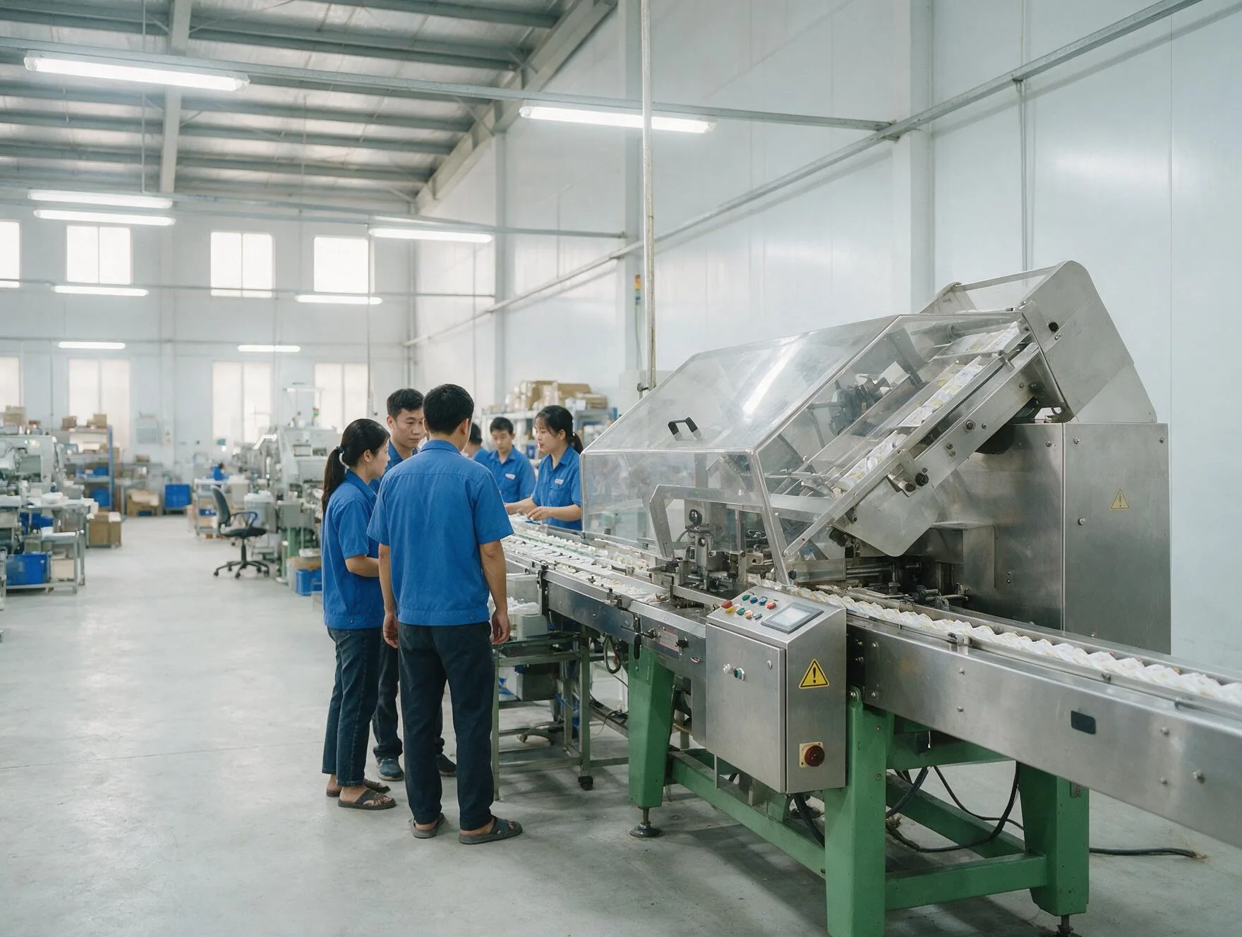 Đội ngũ sản xuất trao đổi tại xưởng — minh hoạ