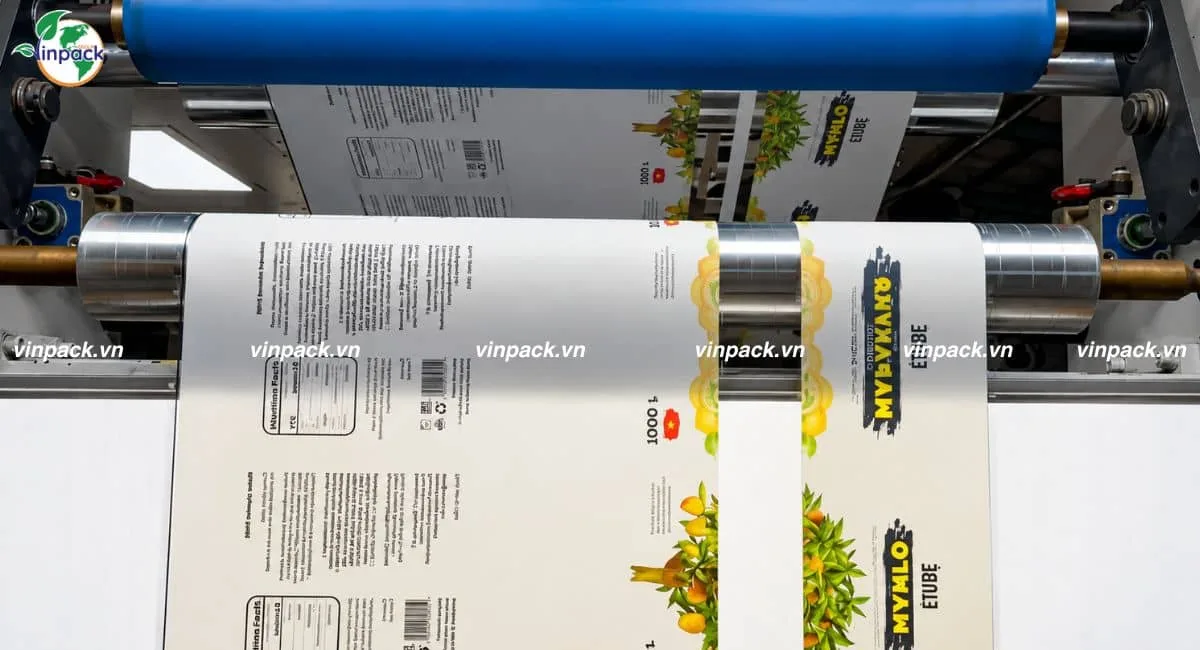 Hình ảnh trục in ống đồng đang in bao bì trái sấy tại Vinpack