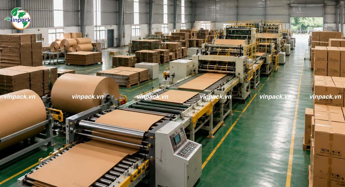 Xưởng sản xuất Vinpack đang xử lý đơn hàng thùng carton 3 lớp