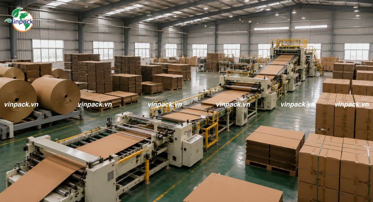 Xưởng sản xuất bao bì giấy của Vinpack đang xử lý đơn hàng thùng carton 5 lớp