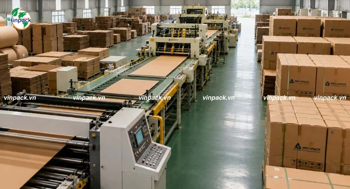 Xưởng bao bì của Vinpack đang xử lý đơn hàng thùng carton 7 lớp số lượng lớn
