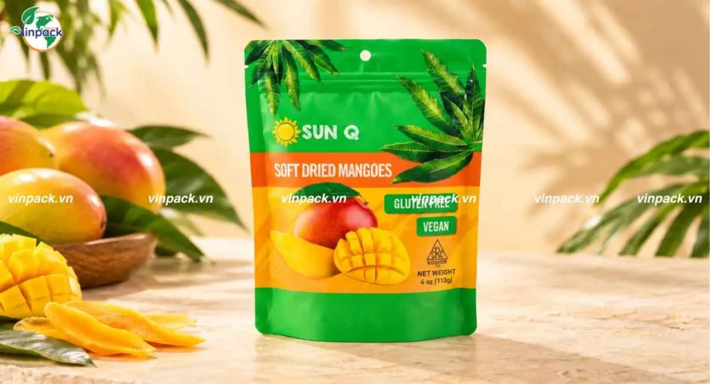 Bao Bì Xoài Sấy Dẻo SunQ: Túi Zipper Đáy Đứng