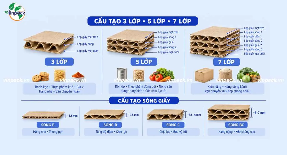 Cấu tạo thùng carton đựng thực phẩm 3, 5, 7 lớp