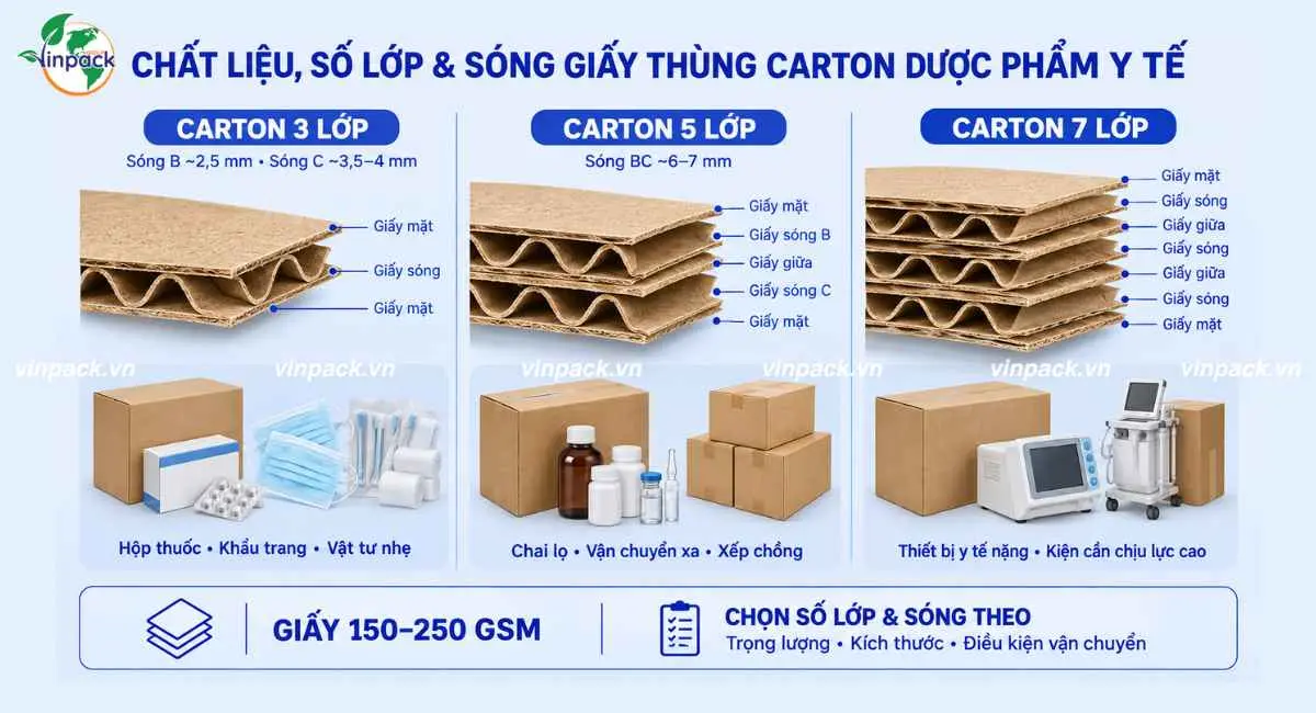 Chất liệu, số lớp và sóng giấy thùng carton đựng dược phẩm y tế