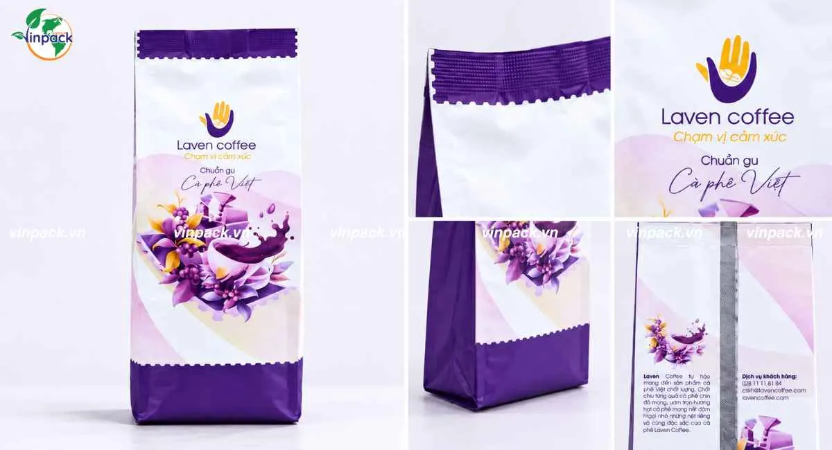 Chi tiết túi xếp hông hàn lưng giữa bao bì cà phê Laven Coffee