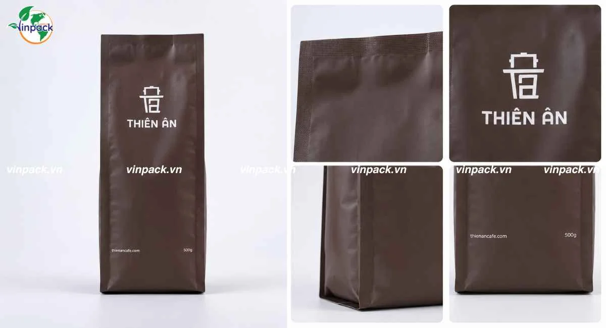 Chi tiết túi 4 cạnh bao bì cà phê Thiên Ân Coffee 500g
