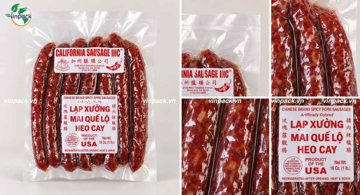 Cận cảnh mặt in và đường hàn bao bì lạp xưởng California Sausage Inc