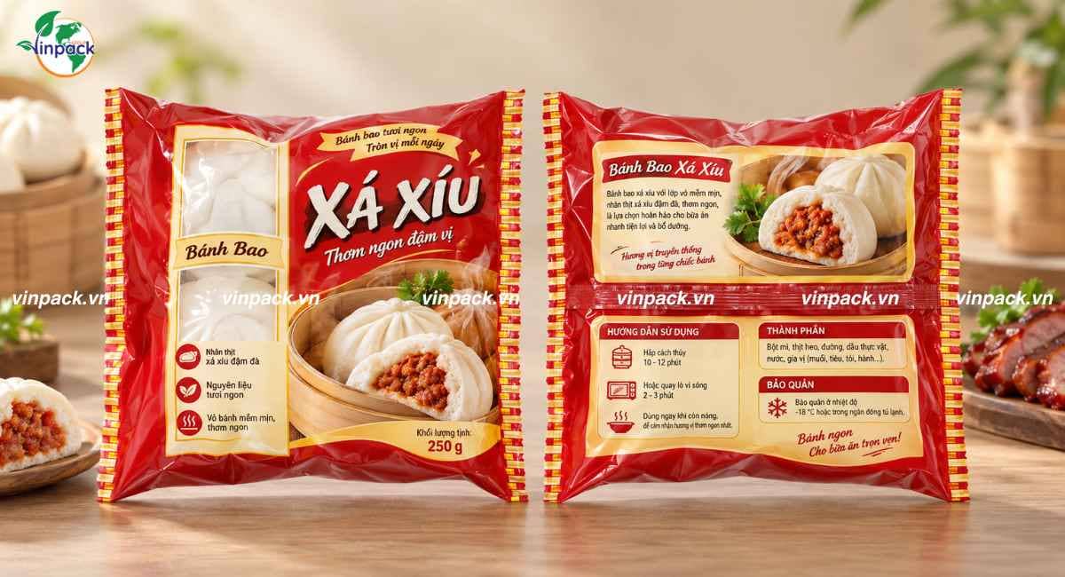 Mẫu bao bì bánh bao xá xíu túi hàn lưng giữa