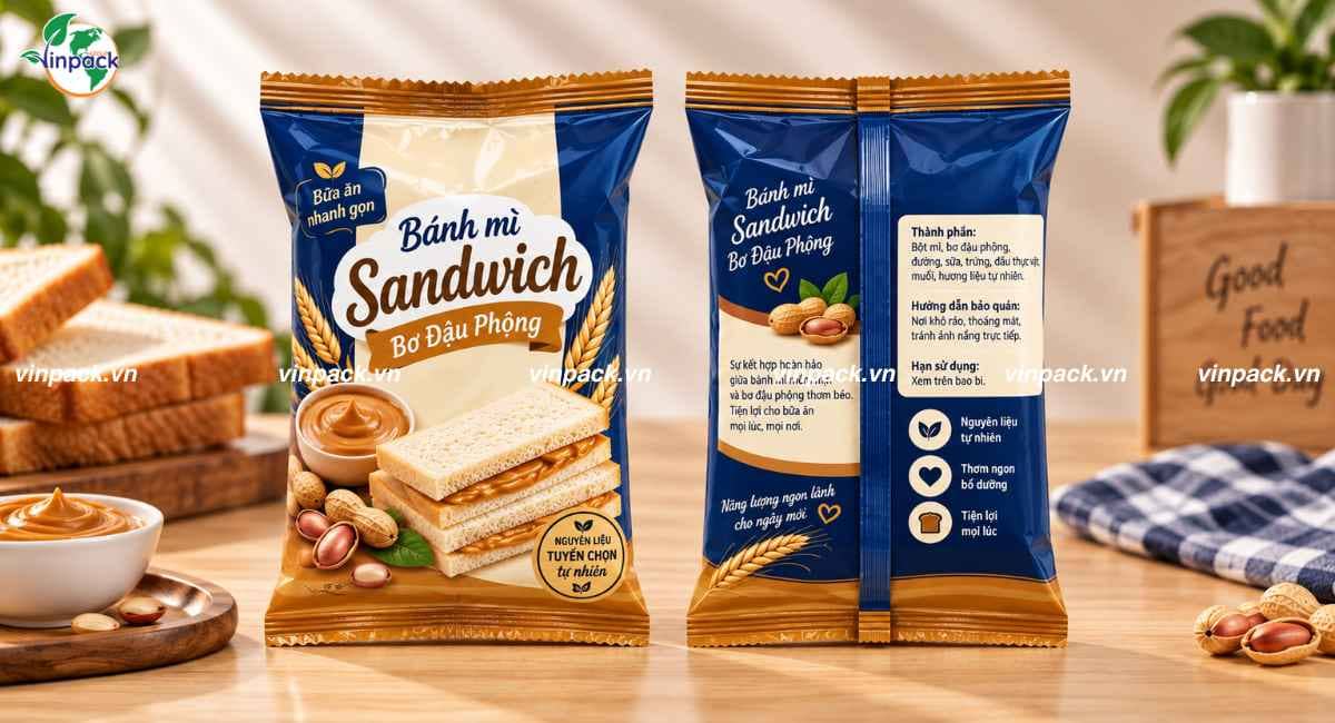 Mẫu bao bì bánh mì sandwich bơ đậu phộng ghép 2 lớp in 6 màu đơn giản