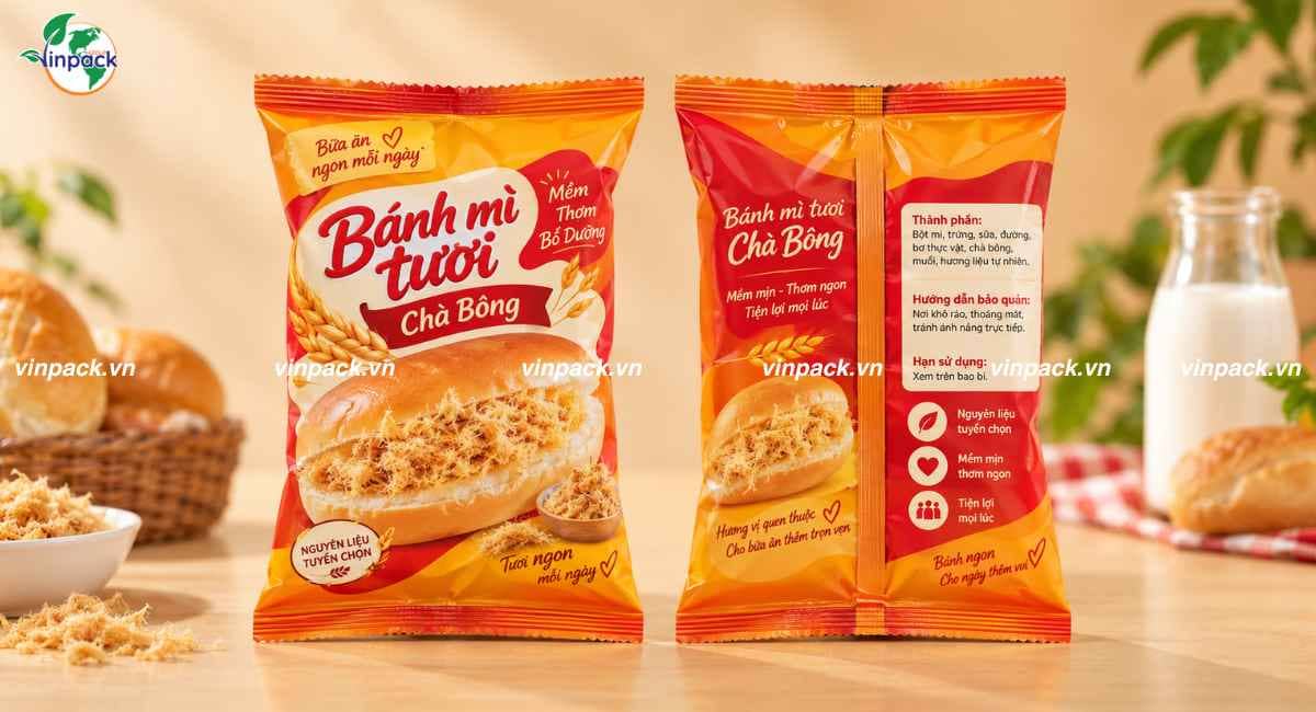 Mẫu bao bì bánh mì tươi chà bông túi hàn lưng giữa in 2 mặt trước sau rõ nét