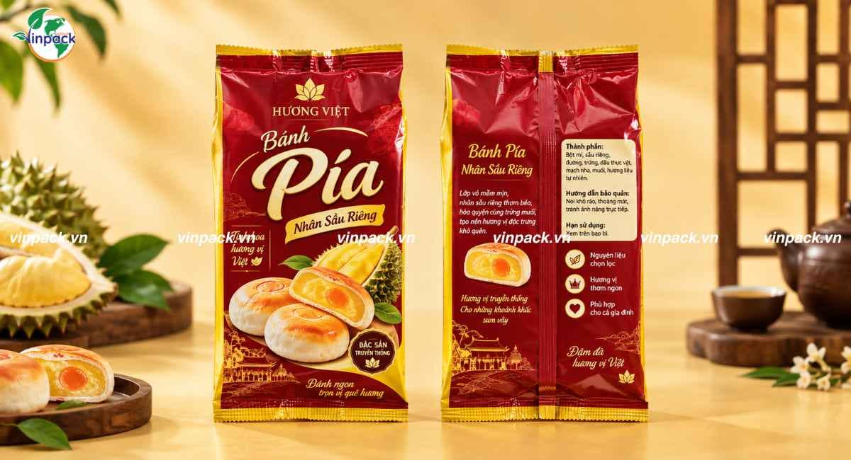 Mẫu bao bì bánh pía dạng túi xếp hông ghép 3 lớp chắc chắn