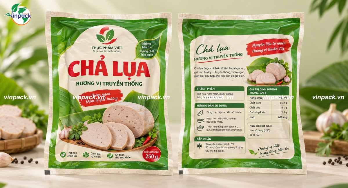 Mẫu bao bì hút chân không chả lụa hút chân không in thông tin ở 2 mặt
