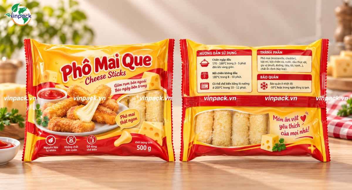 Mẫu bao bì phô mai que in trục đồng ghép 3 lớp gia công thêm cửa sổ nhìn sản phẩm bên trong