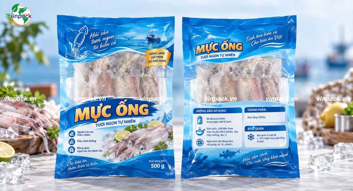 Mẫu bao bì thủy sản đông lạnh gia công cửa số ở giữa nhìn thủy sản đông lạnh bên trong