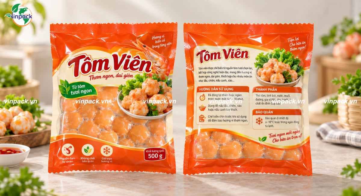 Mẫu bao bì tôm viên chiên in trục đồng ghép 2 lớp