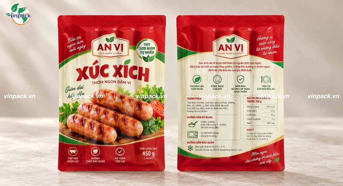 Mẫu bao bì xúc xích hút chân không in đầy đủ thông tin ở 2 mặt