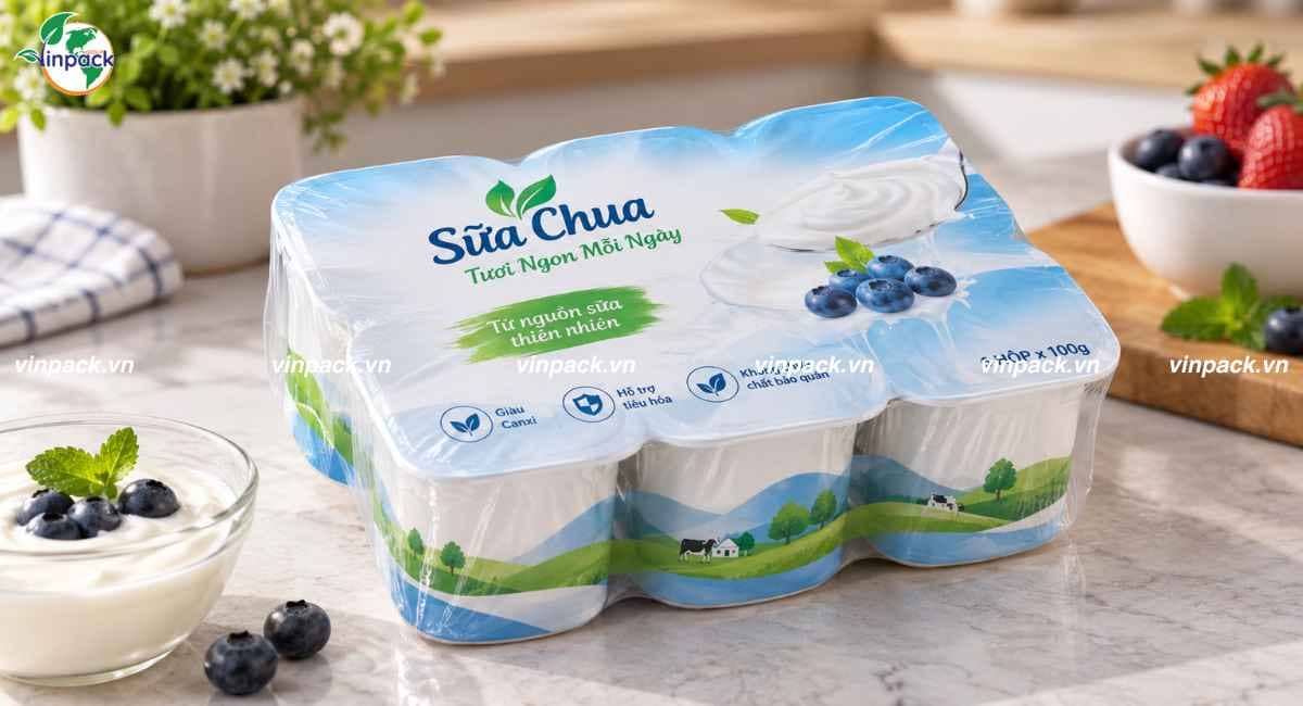 Mẫu túi cuộn màng co nhiệt bọc lốc sữa chua in theo yêu cầu