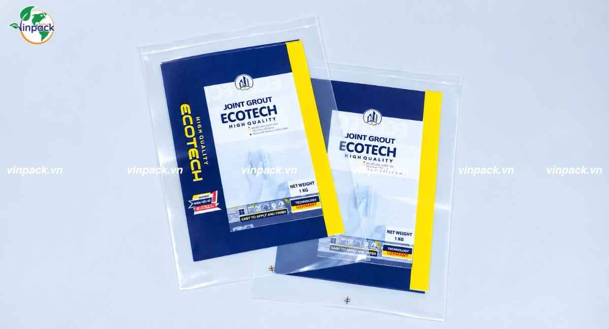 Mẫu túi PE miếng bằng đựng keo chà ron in thương hiệu sắc nét
