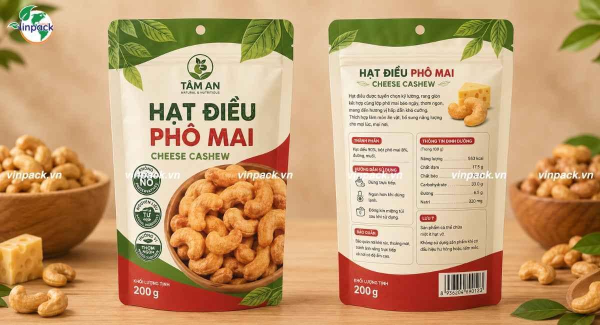 Mẫu bao bì túi zipper đựng hạt điều phô mai