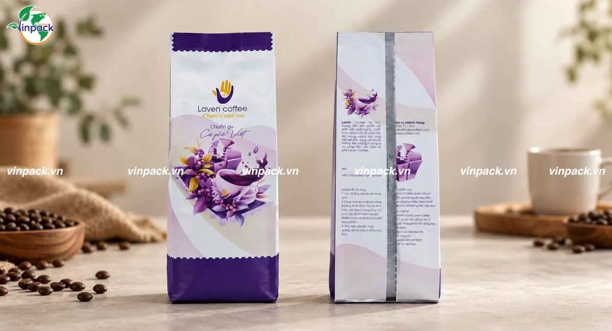 Thành phẩm bao bì cà phê Laven Coffee mặt trước và mặt sau