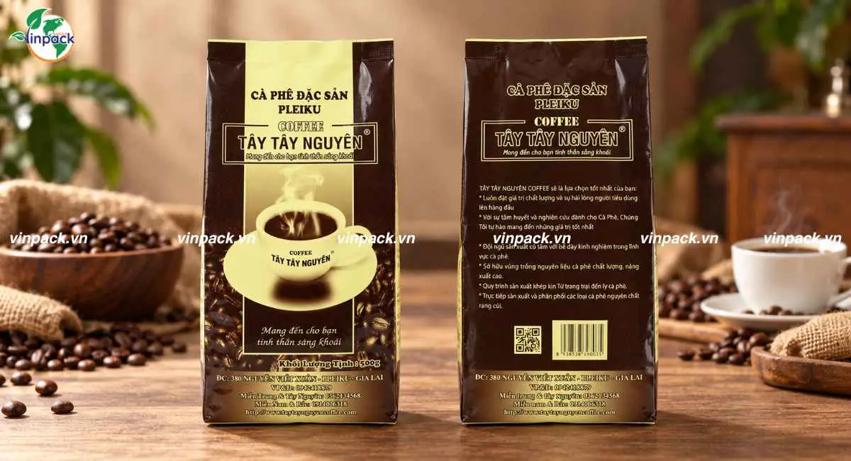 Thành phẩm bao bì cà phê Tây Tây Nguyên Coffee mặt trước và mặt sau